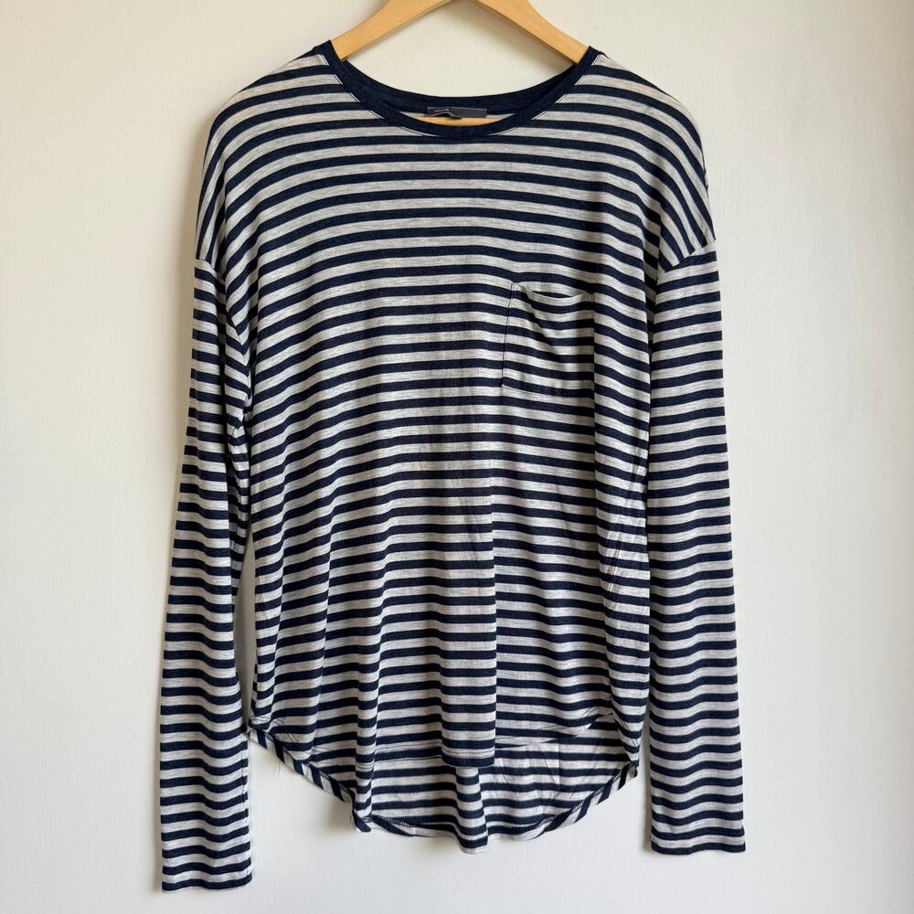 Vince Stripes Long Sleeve Pocket Tee Small Gray Blue Drop Shoulder Curved Hem